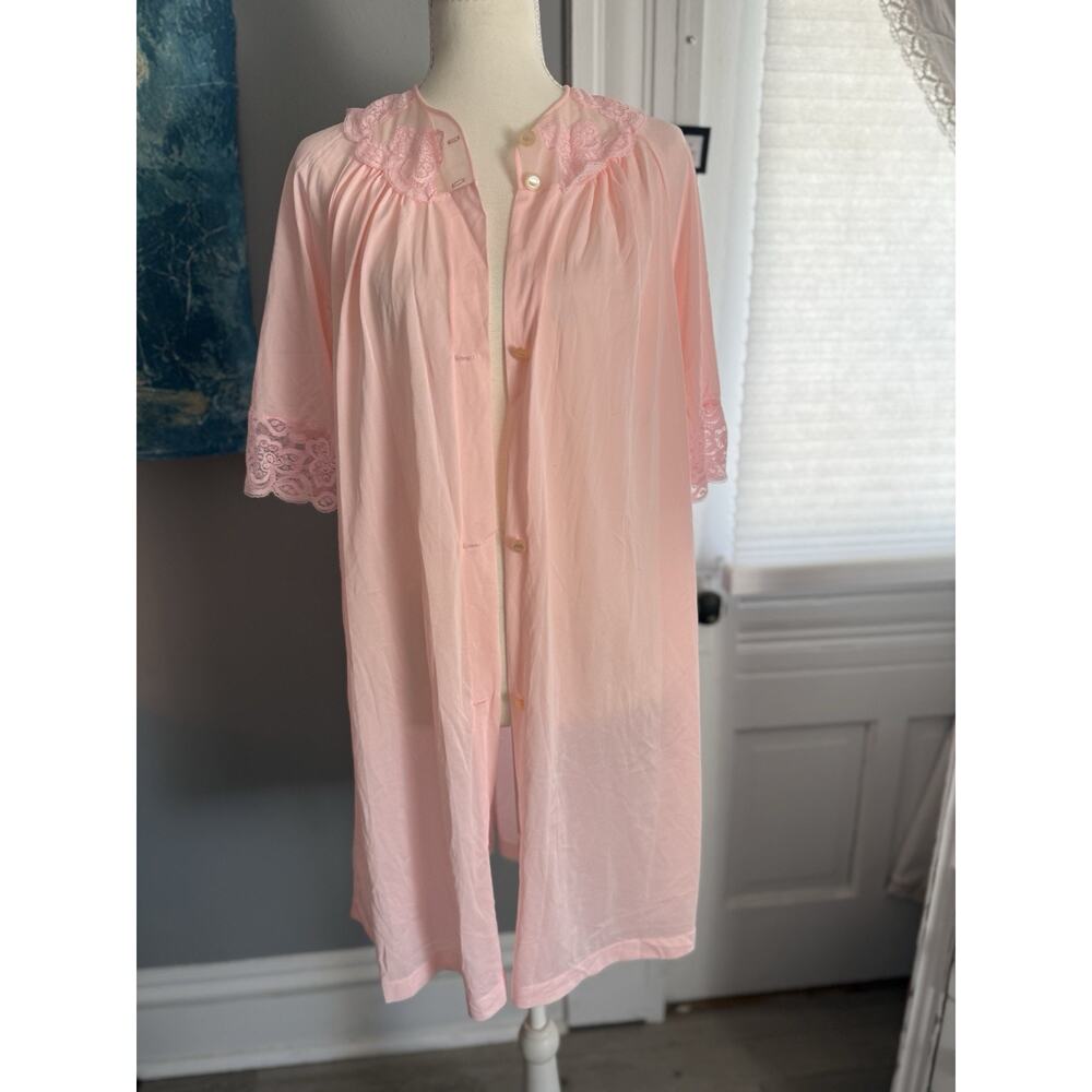 Vintage Lorraine Lingerie Pink Sheer Robe Peignoir Lace Trim Small 70s 80s